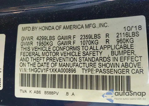 2019 Honda Accord Lx 1.5T z USA, uszkodzony, nr VIN 1HGCV1F1XKA000896